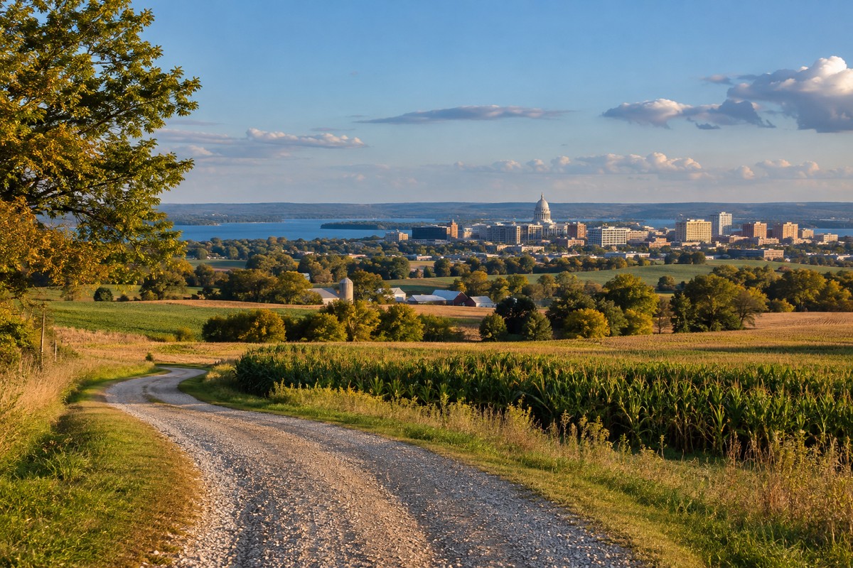 Madison skyline and open farm fields under a clear Wisconsin sky