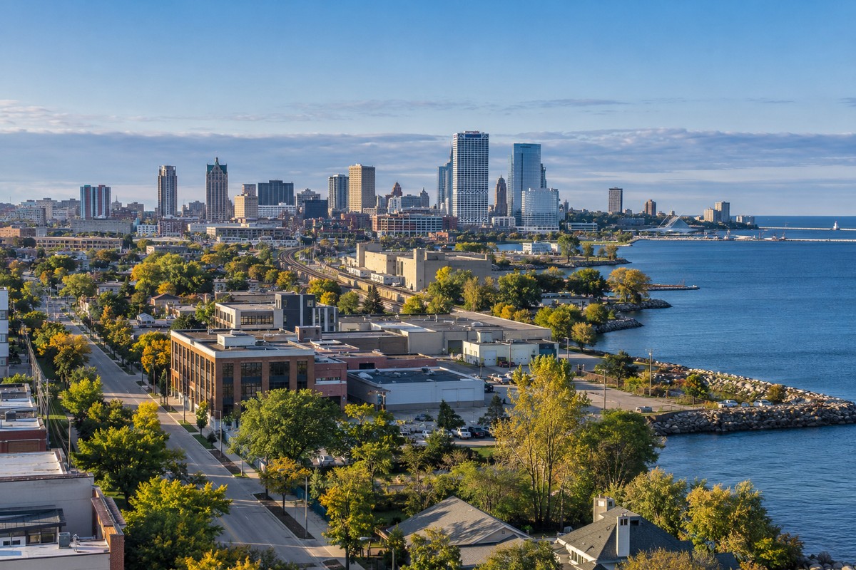 Milwaukee skyline and Lake Michigan shoreline beyond a Wisconsin neighborhood